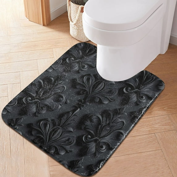 Toilet Rug U-Shaped Bathroom Rugs Non-Slip Soft Plush Machine Washable Contour Bath Mat 3d Dark Black Damask 24x20