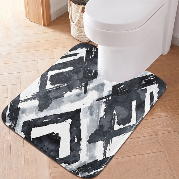 Toilet Rug U-Shaped Bathroom Rugs Non-Slip Soft Plush Machine Washable Contour Bath Mat Abstract Black Chevron 24x20