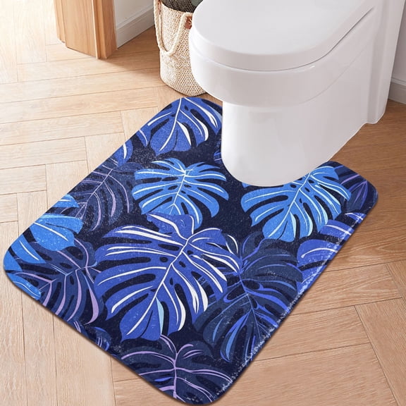 Toilet Rug U-Shaped Bathroom Rugs Non-Slip Soft Plush Machine Washable Contour Bath Mat Abstract Blue Leaf 24x20