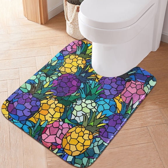 Toilet Rug U-Shaped Bathroom Rugs Non-Slip Soft Plush Machine Washable Contour Bath Mat Abstract Colorful Pineapple 24x20