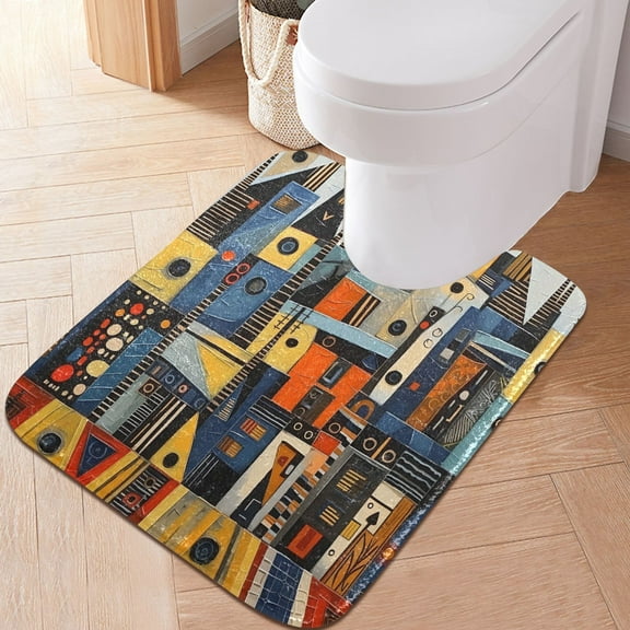 Toilet Rug U-Shaped Bathroom Rugs Non-Slip Soft Plush Machine Washable Contour Bath Mat Abstract Modern Cityscape 24x20