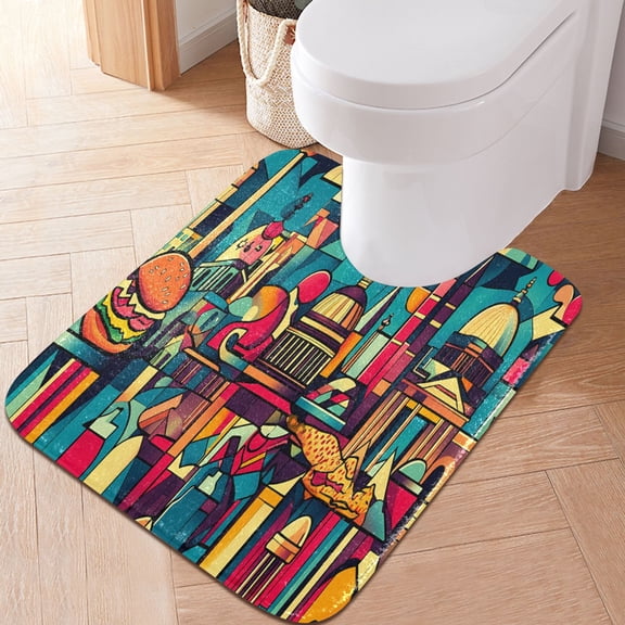 Toilet Rug U-Shaped Bathroom Rugs Non-Slip Soft Plush Machine Washable Contour Bath Mat Abstract Skyline 24x20