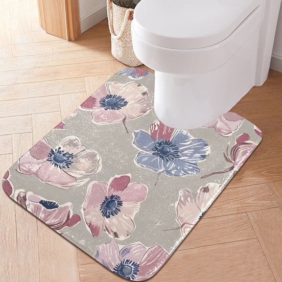 Toilet Rug U-Shaped Bathroom Rugs Non-Slip Soft Plush Machine Washable Contour Bath Mat Anemone Flowers 24x20