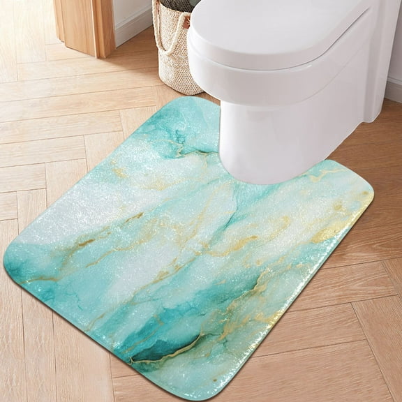 Toilet Rug U-Shaped Bathroom Rugs Non-Slip Soft Plush Machine Washable Contour Bath Mat Aqua White Marble 24x20