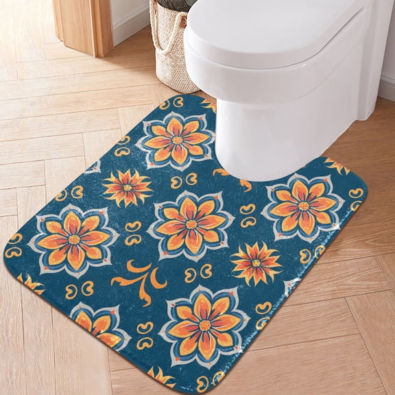 Toilet Rug U-Shaped Bathroom Rugs Non-Slip Soft Plush Machine Washable Contour Bath Mat Arabesque Floral Flowers 24x20