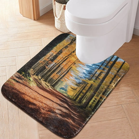 Toilet Rug U-Shaped Bathroom Rugs Non-Slip Soft Plush Machine Washable Contour Bath Mat Autumn Tree Forest 24x20