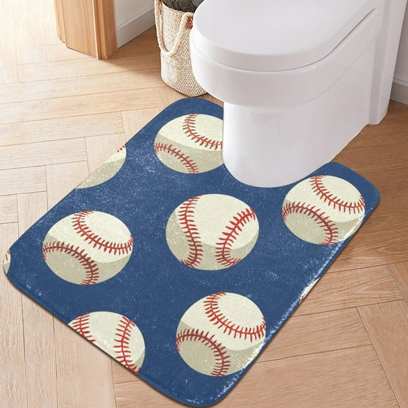 Toilet Rug U-Shaped Bathroom Rugs Non-Slip Soft Plush Machine Washable Contour Bath Mat Baseball on Blue 24x20