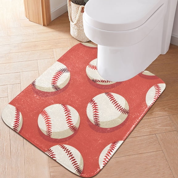 Toilet Rug U-Shaped Bathroom Rugs Non-Slip Soft Plush Machine Washable Contour Bath Mat Baseball on Red 24x20