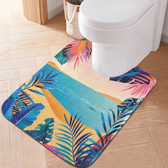 Toilet Rug U-Shaped Bathroom Rugs Non-Slip Soft Plush Machine Washable Contour Bath Mat Beach and Leaf 24x20