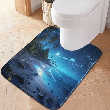 Toilet Rug U-Shaped Bathroom Rugs Non-Slip Soft Plush Machine Washable Contour Bath Mat Beach in Night 24x20