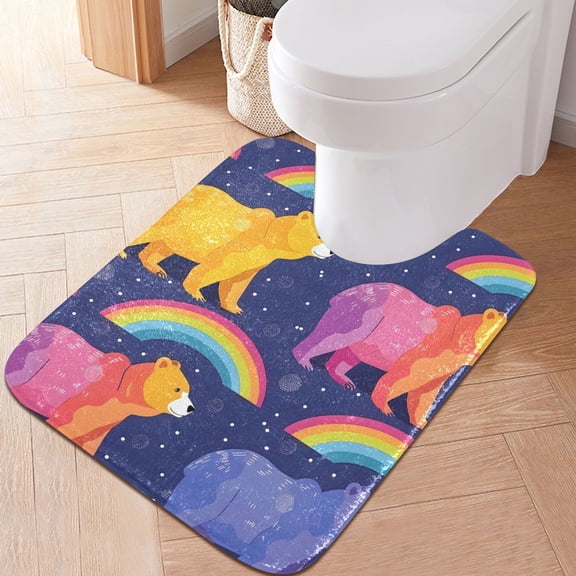 Toilet Rug U-Shaped Bathroom Rugs Non-Slip Soft Plush Machine Washable Contour Bath Mat Bears and Rainbow 24x20