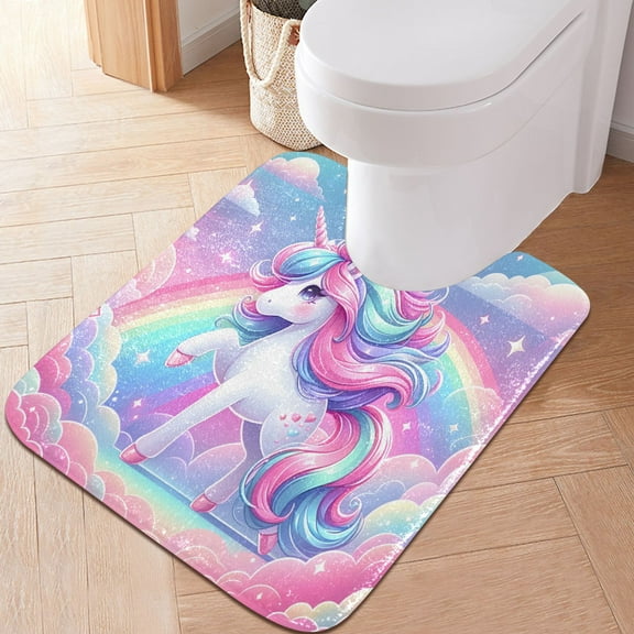 Toilet Rug U-Shaped Bathroom Rugs Non-Slip Soft Plush Machine Washable Contour Bath Mat Beautiful Fantasy Unicorn 24x20
