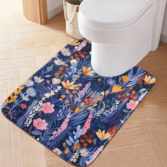 Toilet Rug U-Shaped Bathroom Rugs Non-Slip Soft Plush Machine Washable Contour Bath Mat Beautiful Floral Flower 24x20