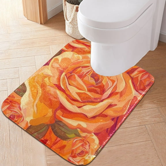 Toilet Rug U-Shaped Bathroom Rugs Non-Slip Soft Plush Machine Washable Contour Bath Mat Beautiful Orange Rose 24x20