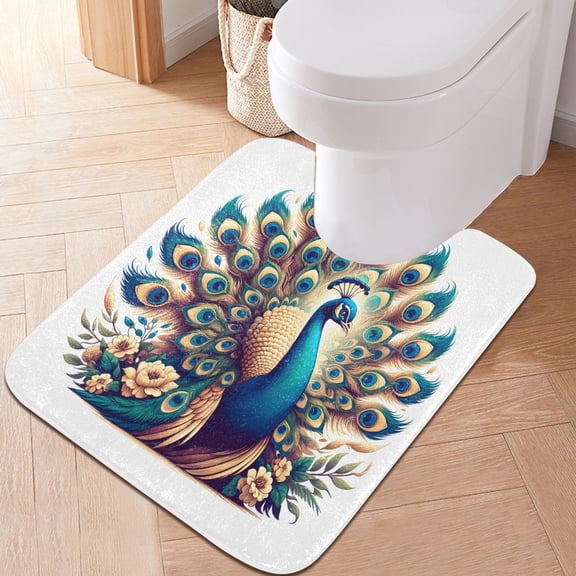 Toilet Rug U-Shaped Bathroom Rugs Non-Slip Soft Plush Machine Washable Contour Bath Mat Beautiful Peacock 24x20