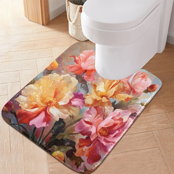 Toilet Rug U-Shaped Bathroom Rugs Non-Slip Soft Plush Machine Washable Contour Bath Mat Beautiful Peony Flower 24x20