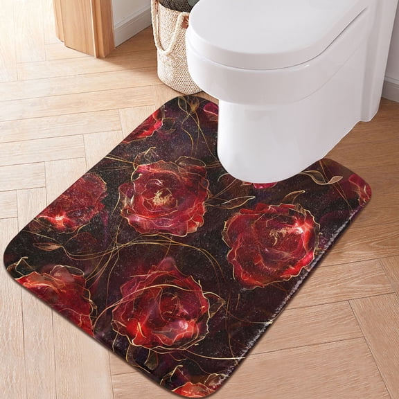 Toilet Rug U-Shaped Bathroom Rugs Non-Slip Soft Plush Machine Washable Contour Bath Mat Beautiful Rose 24x20