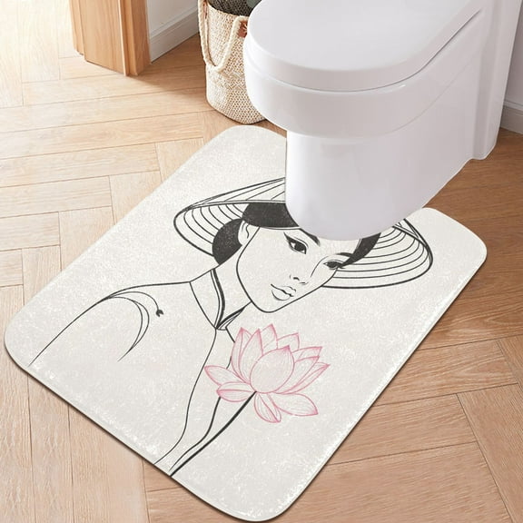 Toilet Rug U-Shaped Bathroom Rugs Non-Slip Soft Plush Machine Washable Contour Bath Mat Beautiful Woman with Pink Lotus 24x20