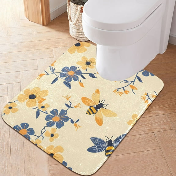 Toilet Rug U-Shaped Bathroom Rugs Non-Slip Soft Plush Machine Washable Contour Bath Mat Bee and Flower 24x20