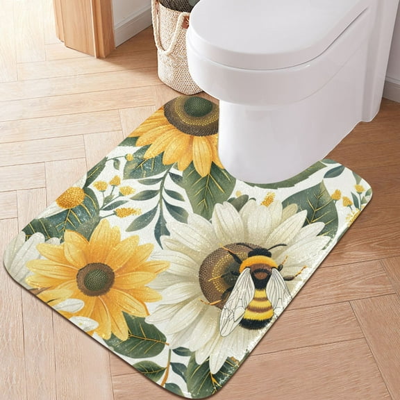 Toilet Rug U-Shaped Bathroom Rugs Non-Slip Soft Plush Machine Washable Contour Bath Mat Bee and Sunflowers 24x20