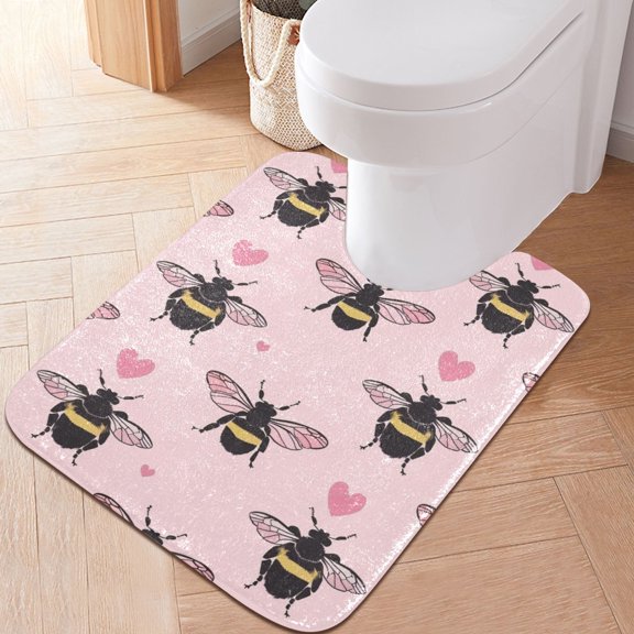 Toilet Rug U-Shaped Bathroom Rugs Non-Slip Soft Plush Machine Washable Contour Bath Mat Bees and Heart 24x20