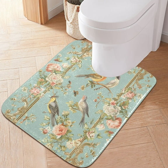 Toilet Rug U-Shaped Bathroom Rugs Non-Slip Soft Plush Machine Washable Contour Bath Mat Birds Flowers Frame 24x20
