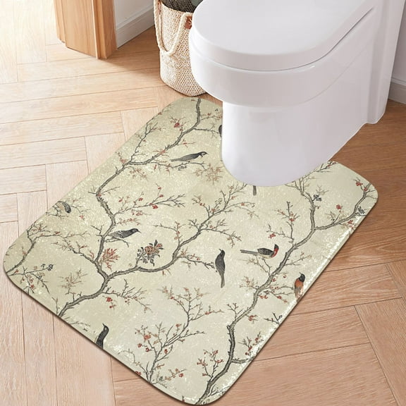 Toilet Rug U-Shaped Bathroom Rugs Non-Slip Soft Plush Machine Washable Contour Bath Mat Birds on Tree Branch 24x20