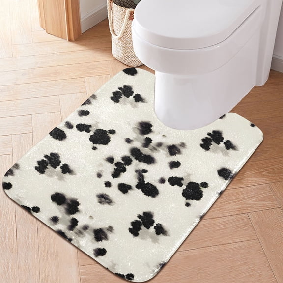 Toilet Rug U-Shaped Bathroom Rugs Non-Slip Soft Plush Machine Washable Contour Bath Mat Black Cow Spots 24x20