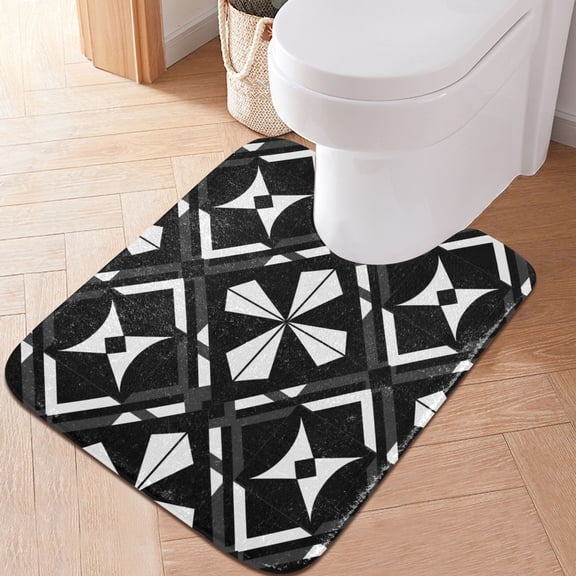 Toilet Rug U-Shaped Bathroom Rugs Non-Slip Soft Plush Machine Washable Contour Bath Mat Black White Geometric Shapes 24x20