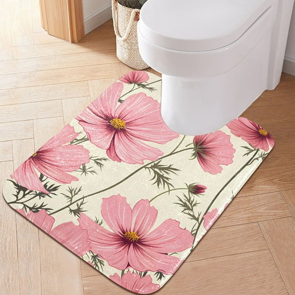 Toilet Rug U-Shaped Bathroom Rugs Non-Slip Soft Plush Machine Washable Contour Bath Mat Blooming Flowers 24x20
