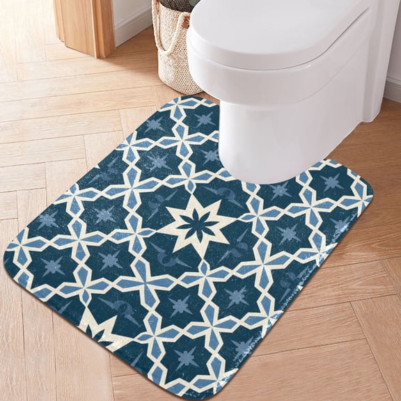 Toilet Rug U-Shaped Bathroom Rugs Non-Slip Soft Plush Machine Washable Contour Bath Mat Blue Geometric Stars 24x20
