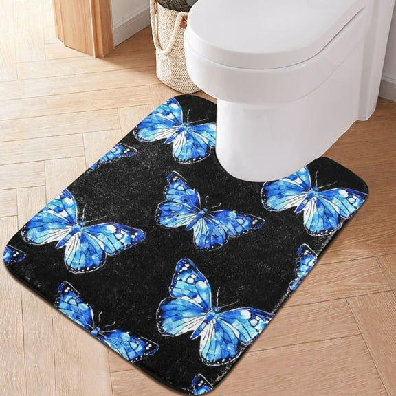 Toilet Rug U-Shaped Bathroom Rugs Non-Slip Soft Plush Machine Washable Contour Bath Mat Blue White Butterflies 24x20