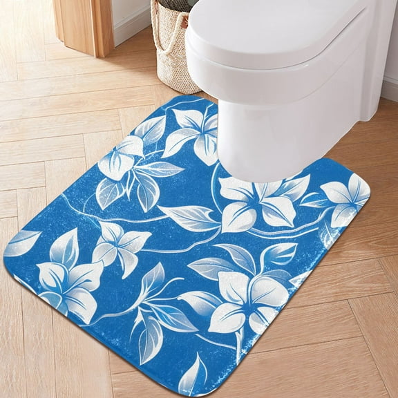 Toilet Rug U-Shaped Bathroom Rugs Non-Slip Soft Plush Machine Washable Contour Bath Mat Blue White Flower 24x20