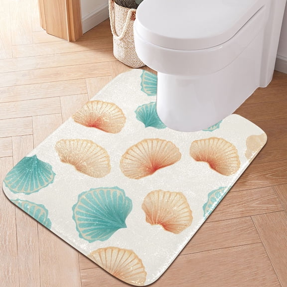 Toilet Rug U-Shaped Bathroom Rugs Non-Slip Soft Plush Machine Washable Contour Bath Mat Blue and Peach Shells 24x20