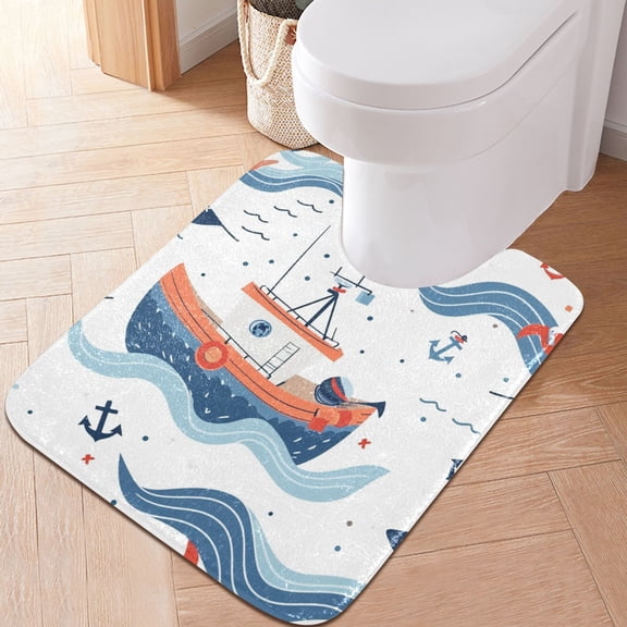 Toilet Rug U-Shaped Bathroom Rugs Non-Slip Soft Plush Machine Washable Contour Bath Mat Boat Anchor Wave 24x20
