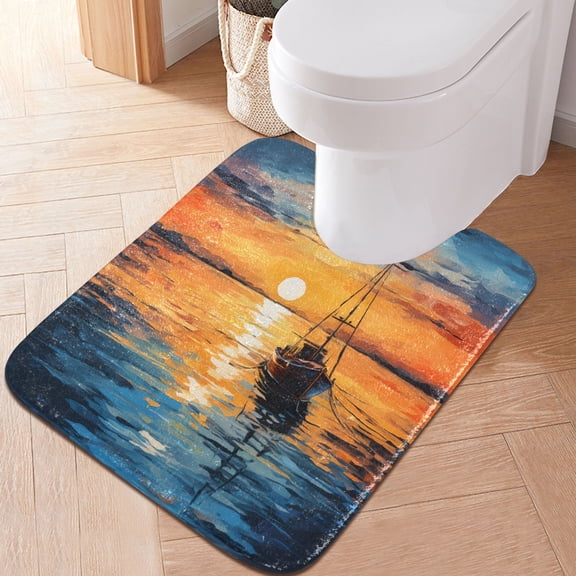 Toilet Rug U-Shaped Bathroom Rugs Non-Slip Soft Plush Machine Washable Contour Bath Mat Boat and Sunset 24x20
