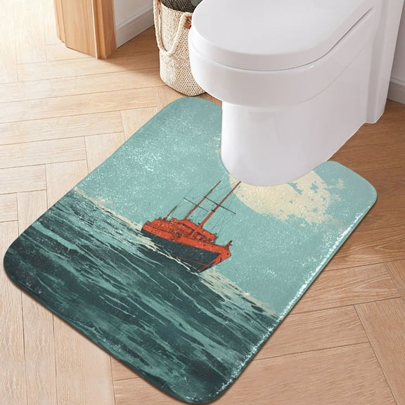 Toilet Rug U-Shaped Bathroom Rugs Non-Slip Soft Plush Machine Washable Contour Bath Mat Boat on Sea 24x20
