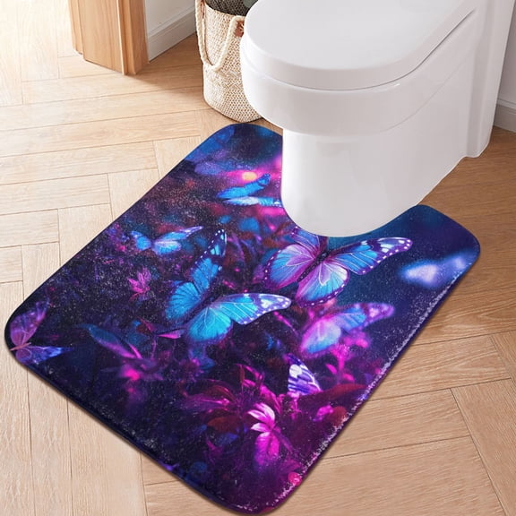 Toilet Rug U-Shaped Bathroom Rugs Non-Slip Soft Plush Machine Washable Contour Bath Mat Bright-colored Butterflies 24x20
