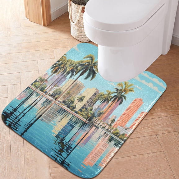 Toilet Rug U-Shaped Bathroom Rugs Non-Slip Soft Plush Machine Washable Contour Bath Mat Building Tree Lack 24x20