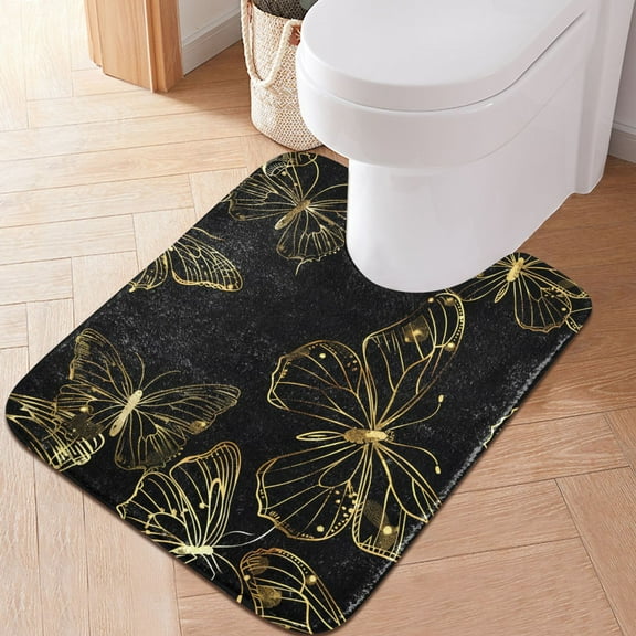 Toilet Rug U-Shaped Bathroom Rugs Non-Slip Soft Plush Machine Washable Contour Bath Mat Butterflies Golden Outline 24x20