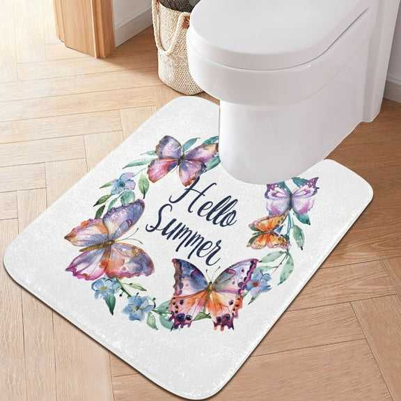 Toilet Rug U-Shaped Bathroom Rugs Non-Slip Soft Plush Machine Washable Contour Bath Mat Butterflies and Wreath 24x20