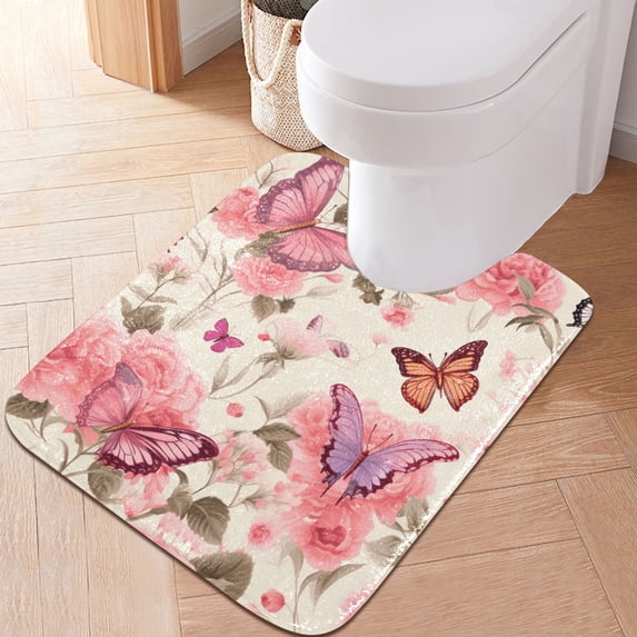Toilet Rug U-Shaped Bathroom Rugs Non-Slip Soft Plush Machine Washable Contour Bath Mat Butterflies on Peonies 24x20