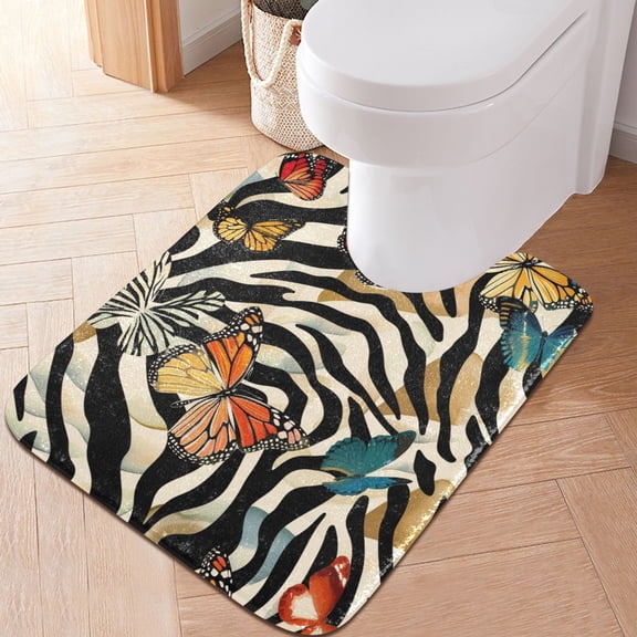 Toilet Rug U-Shaped Bathroom Rugs Non-Slip Soft Plush Machine Washable Contour Bath Mat Butterflies on Zebra 24x20