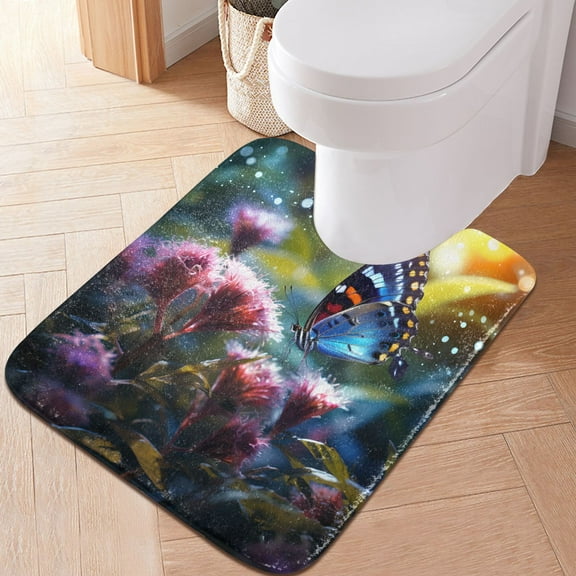 Toilet Rug U-Shaped Bathroom Rugs Non-Slip Soft Plush Machine Washable Contour Bath Mat Butterfly on Flower 24x20