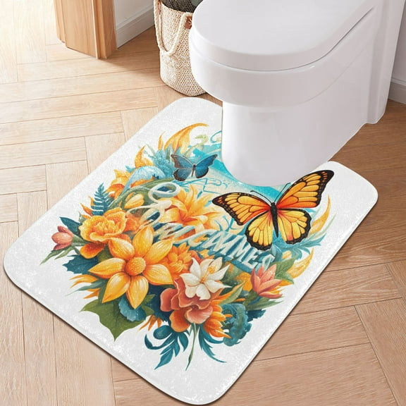 Toilet Rug U-Shaped Bathroom Rugs Non-Slip Soft Plush Machine Washable Contour Bath Mat Butterfly on Flowers 24x20