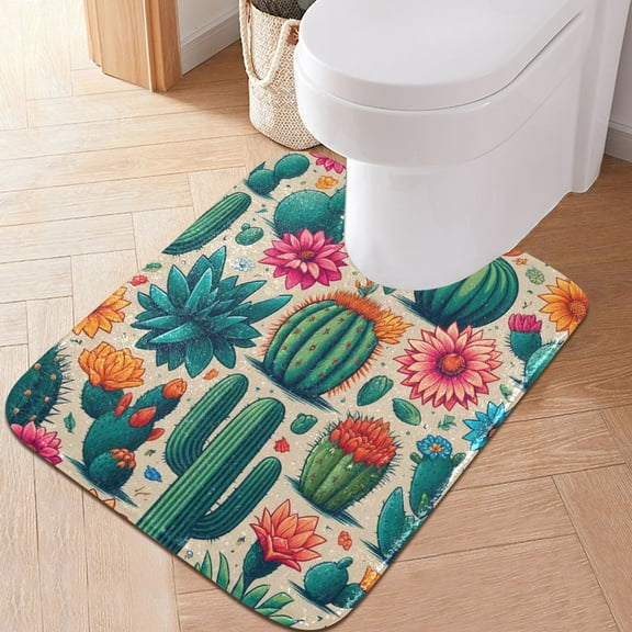 Toilet Rug U-Shaped Bathroom Rugs Non-Slip Soft Plush Machine Washable Contour Bath Mat Cactus and Desert Flower 24x20