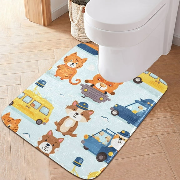 Toilet Rug U-Shaped Bathroom Rugs Non-Slip Soft Plush Machine Washable Contour Bath Mat Car and Animal 24x20