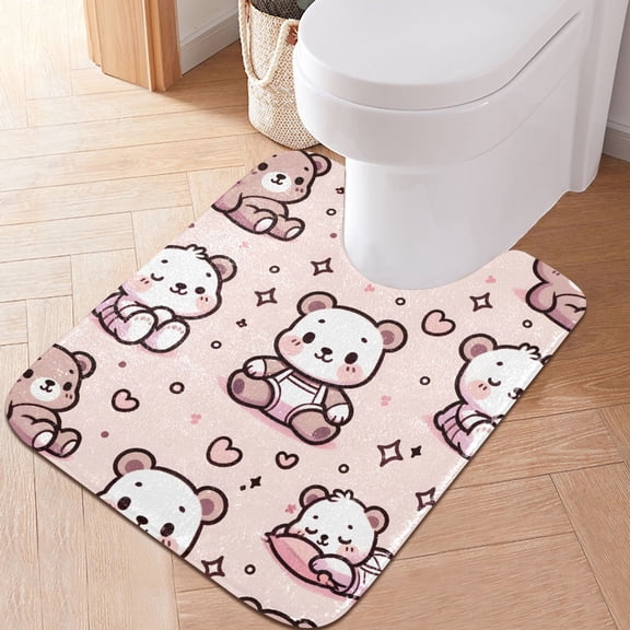 Toilet Rug U-Shaped Bathroom Rugs Non-Slip Soft Plush Machine Washable Contour Bath Mat Cartoon Bear with Pink Heart 24x20