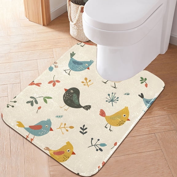 Toilet Rug U-Shaped Bathroom Rugs Non-Slip Soft Plush Machine Washable Contour Bath Mat Cartoon Bird and Leaf 24x20