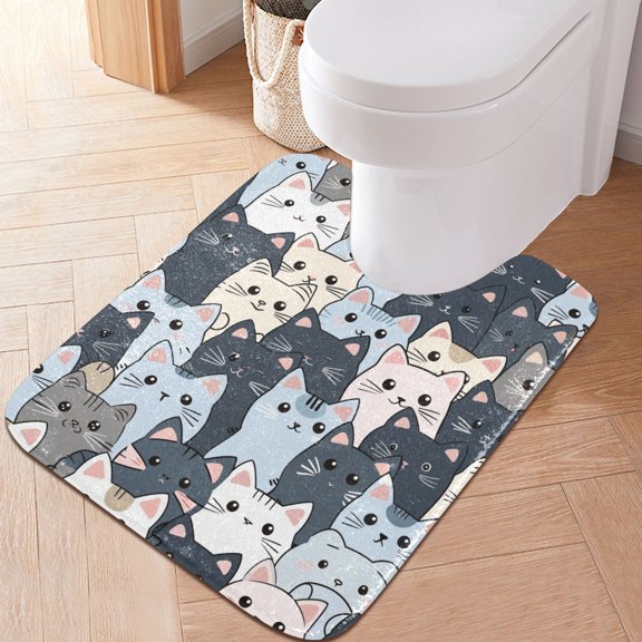 Toilet Rug U-Shaped Bathroom Rugs Non-Slip Soft Plush Machine Washable Contour Bath Mat Cartoon Cats Face 24x20